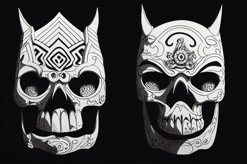 Oni mask and skull illustration with premium quality stock , Anime Style