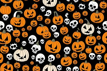 Halloween Raster background pattern. Spider web, pumpkin, bat, skull, black cat, ghost, halloween symbols for halloween party, textiles surfaces, banners wallpapers, card Halloween background.
