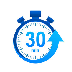 The 30 minutes, stopwatch  icon. Stopwatch icon in flat style, timer on on color background.  illustration.