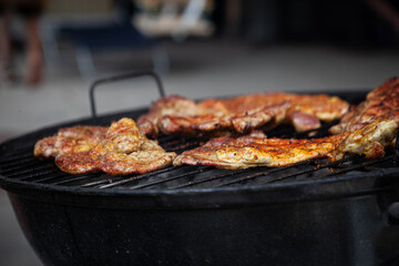 Pieces of crunchy meat freshly grilled on outdoor grill. 