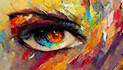 Closeup Artistic Oil Painting Portrait of Beautiful Single Woman Eyes in Multicolored Tones Abstract Artwork Picture