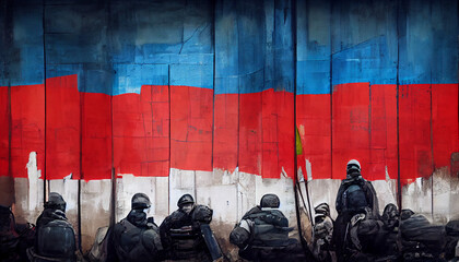 Russian Flag painted on a Concrete Grunge Background Wall in Relation to their Current War with Ukraine, Russian Textured Abstract Background Flag with Military People Background Illustration