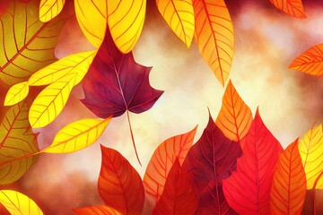 Autumn composition background, colorful leaves in a row , anime style