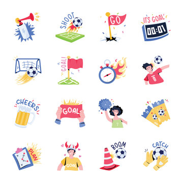 Pack of Sports and Games Flat Sticker Icons

