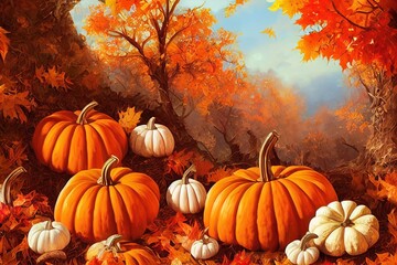 Naklejka premium Autumn composition with cute pumpkin, mushrooms, leaves and inscription Hey there pumpkin and a cat Perfect for greeting cards, posters, for t shirt design, prints on mugs, pillows, wallpaper , anim