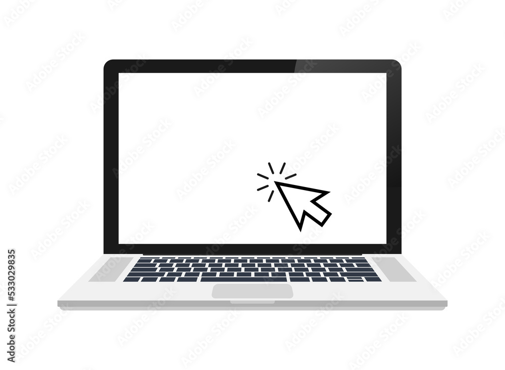 Poster laptop with cursor. computer or search click arrow for website. stock illustration