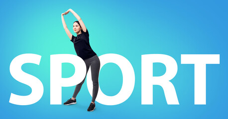 Young sporty woman warms up among big tag word SPORT.