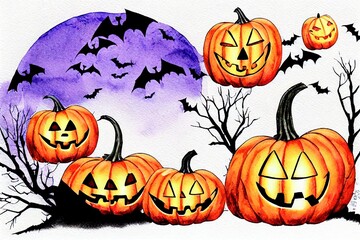 Drawn set for halloween Watercolor sketch of a pumpkin Bat Halloween night clipart illustration Halloween decoration Traditions October 31 Orange Violet Halloween sketch, Anime Style