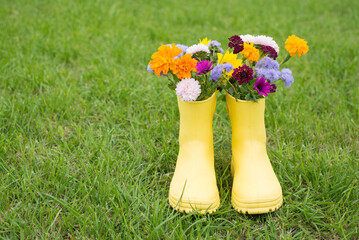 a bouquet of flowers in yellow boots on background of green grass.