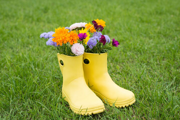 a bouquet of flowers in yellow boots on background of green grass. - Powered by Adobe