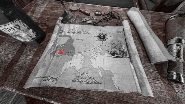close up on the pirate map of the captain quarter background
