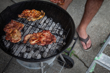 Pieces of crunchy meat freshly grilled on outdoor grill. 