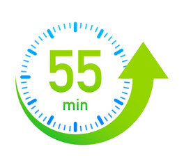The 55 minutes, stopwatch  icon. Stopwatch icon in flat style, timer on on color background.  illustration.