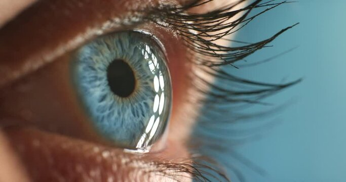 Woman face, blue eyes and vision focus, thinking idea and contact lenses to see, eyesight and awareness. Closeup macro on face, eyeball and optometry test stare with awake perception of human anatomy
