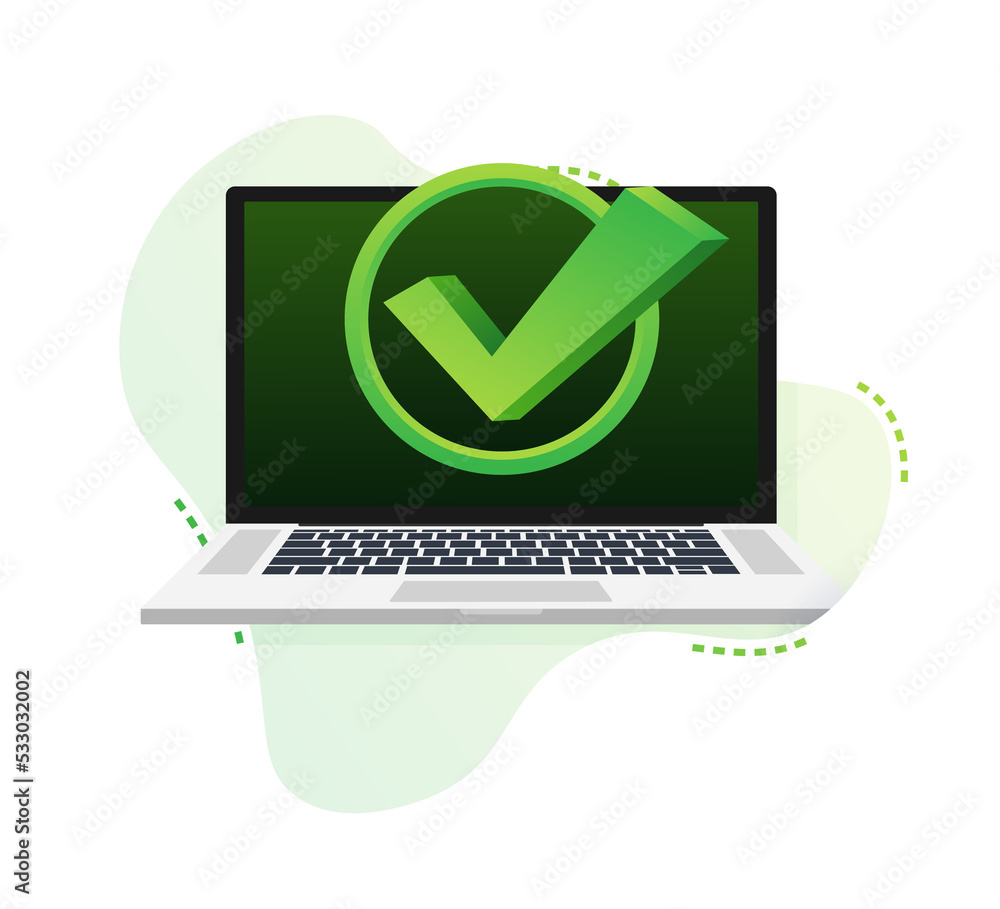 Poster laptop with checkmark or tick notification in bubble pattern. approved choice. accept or approve che