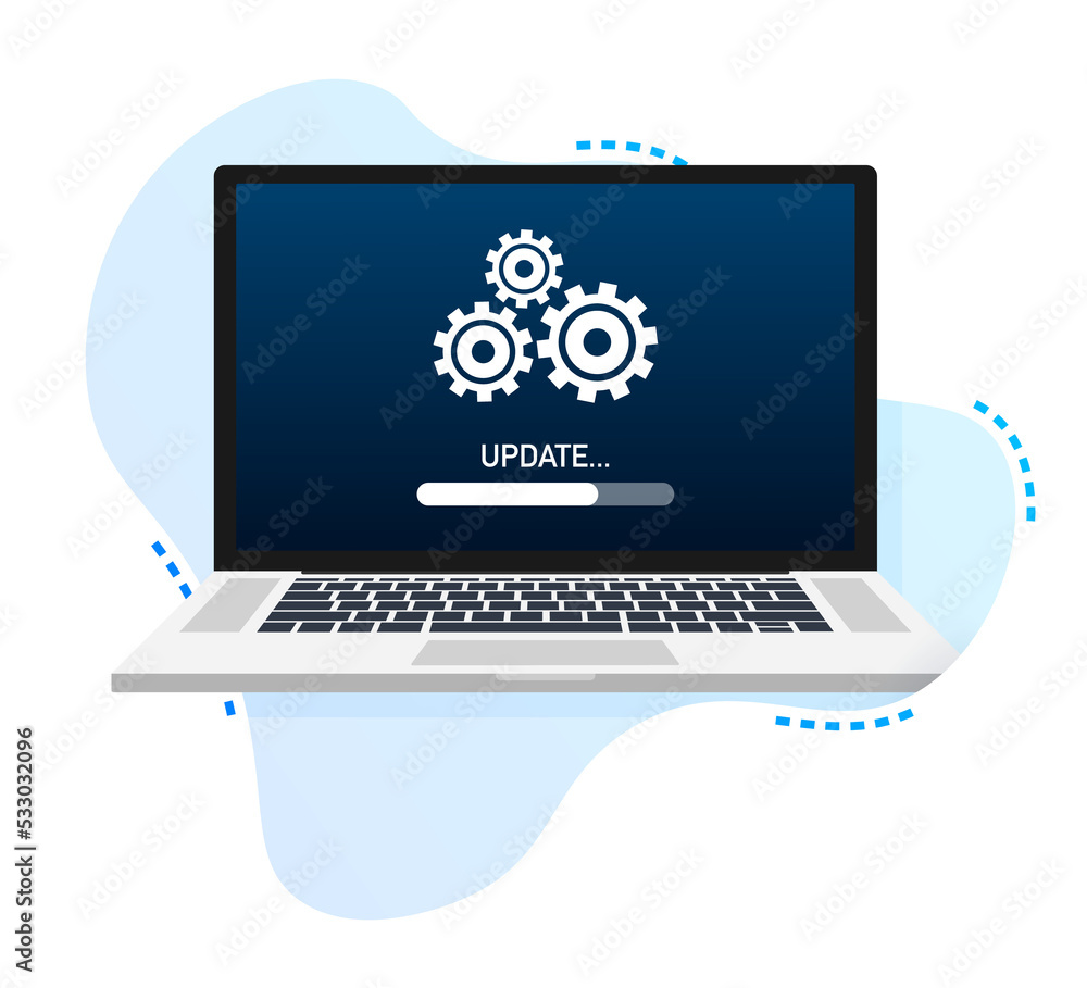 Poster system software update, data update or synchronize with progress bar on the screen. illustration.