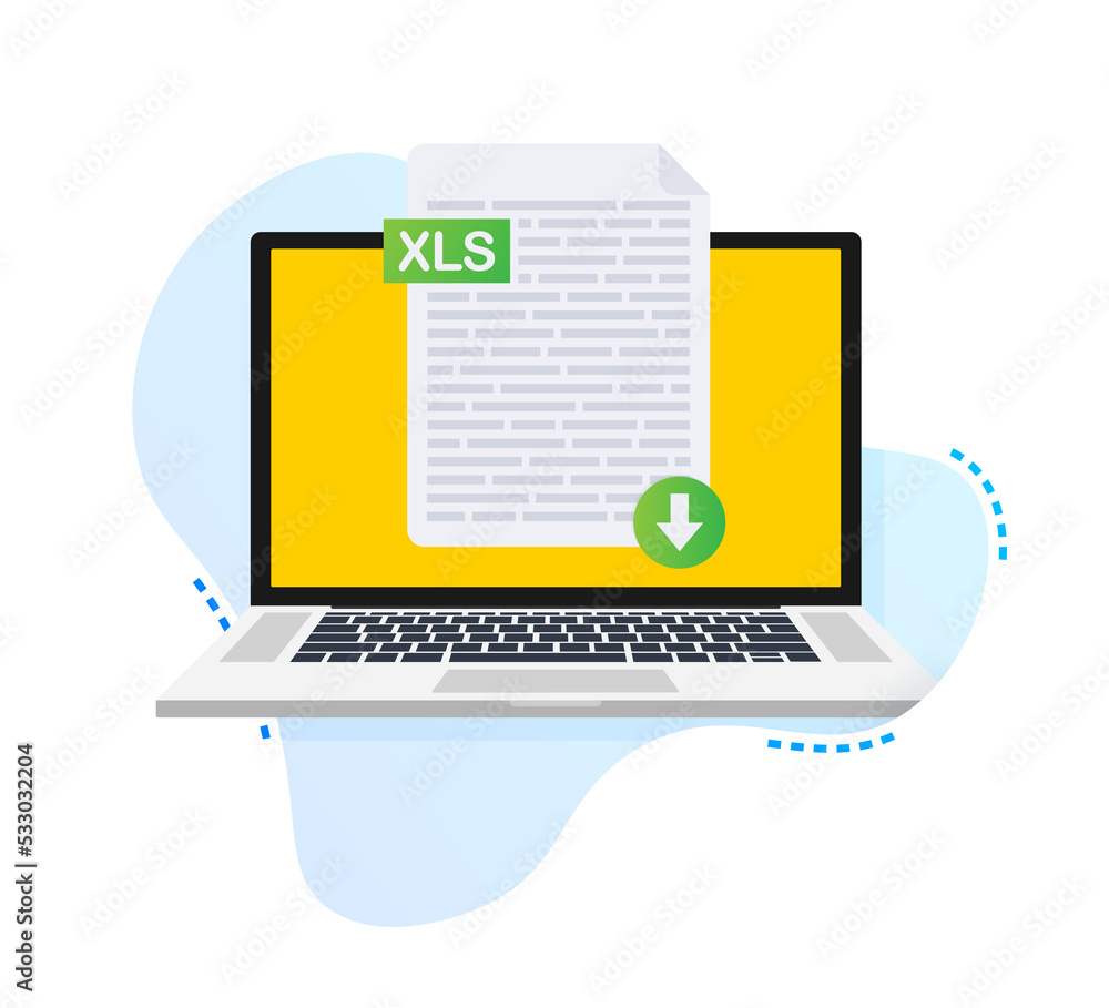 Poster download xls button on laptop screen. downloading document concept. file with xls label and down arr