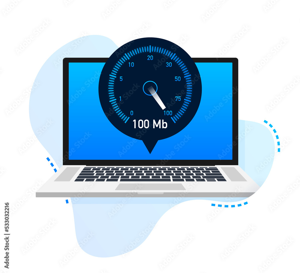 Poster speed test on laptop. speedometer internet speed 100 mb. website speed loading time. illustration.
