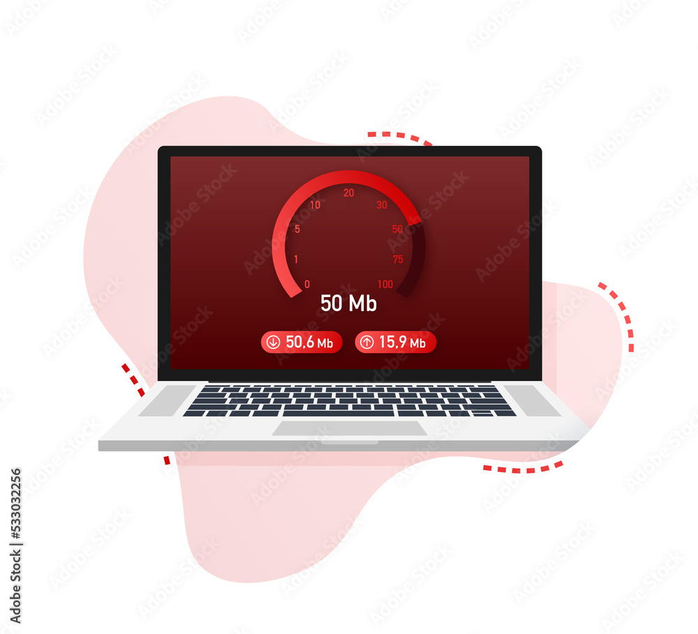 Poster speed test on laptop. speedometer internet speed 50 mb. website speed loading time. illustration.