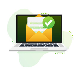 Opened envelope and document with green check mark. Verification email.  illustration.