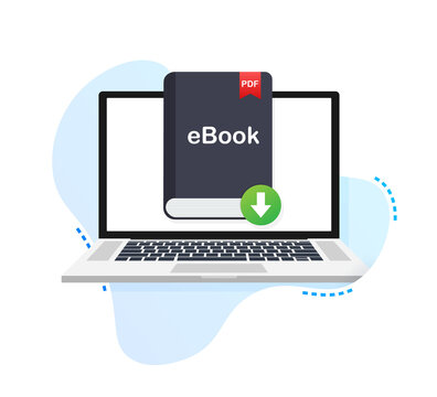 Download book. E-book marketing, content marketing, ebook download on laptop.  illustration.