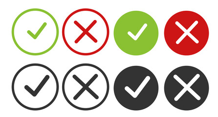 Check mark and cross mark symbols icon element in circle Simple ok yes no graphic design. Right checkmark symbol accepted and rejected. Vector illustration