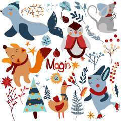 Magic winter animals, cute rabbit, funny fox, penguin, Arctic seal, winter colorful leaves and flowers. Scandinavia animals. Perfect for greeting cards, poster, postcard, banner. Vector