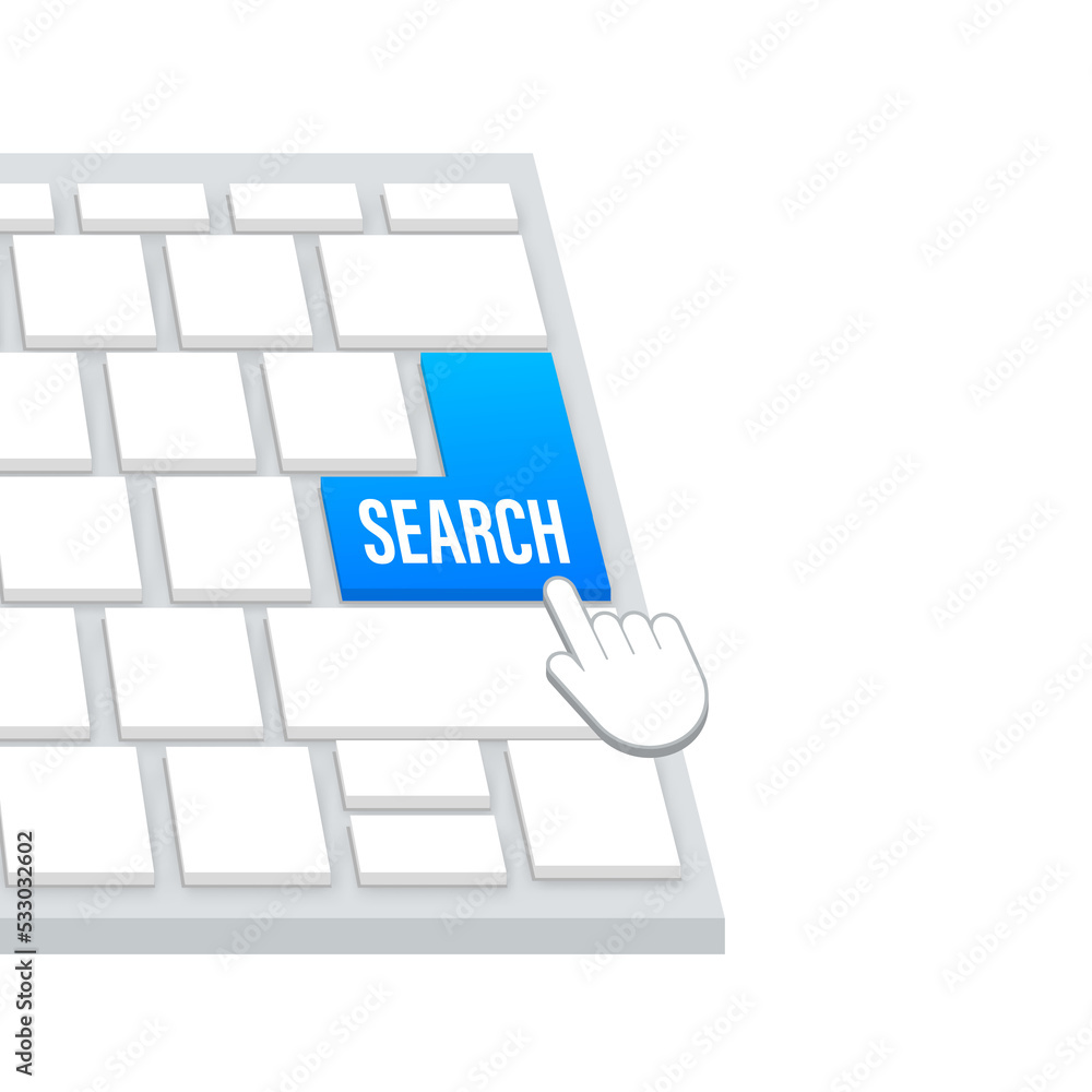 Poster search button on keaboard. web banner. arrow, cursor icon. arrow icon. hand click. stock illustratio