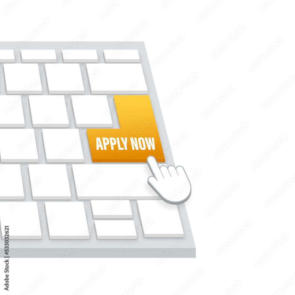 Poster apply now button on keaboard. web banner. arrow, cursor icon. arrow icon. hand click. stock illustra