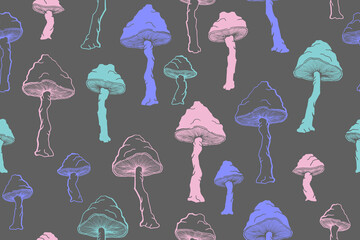 Amanita choky inedible mushrooms seamless pattern vector illustration.