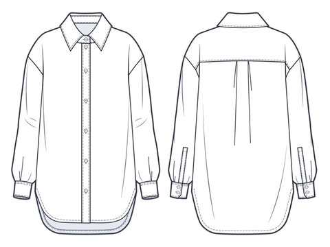 Unisex Basic Shirt technical fashion Illustration. Shirt fashion flat technical drawing template, button-down collar,  cuffed long sleeves, relaxed fit, front, back view, white, unisex CAD mockup. .