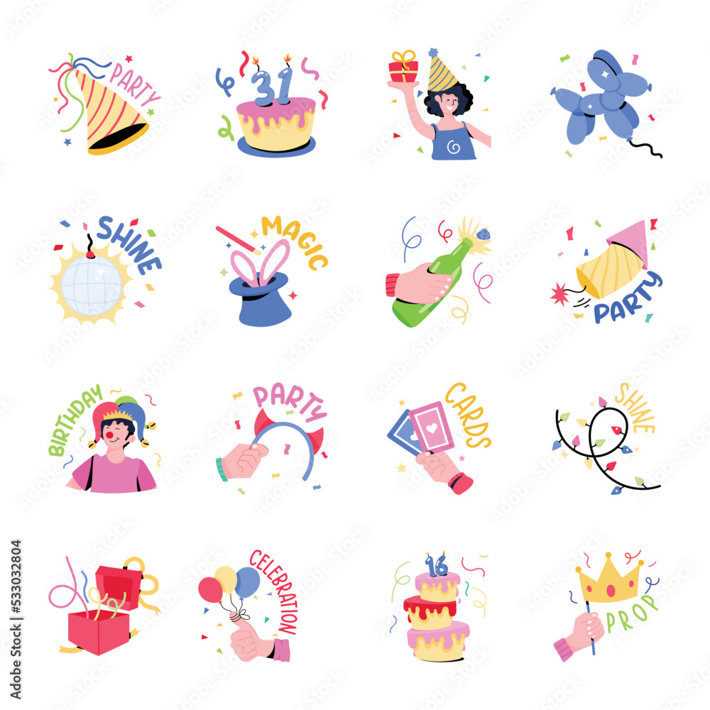 Poster collection of happy birthday flat stickers