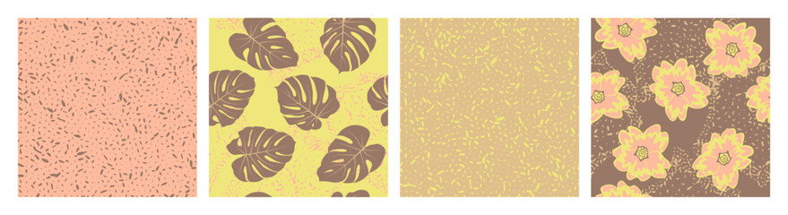 Fototapeta na wymiar Grain texture and floral seamless pattern vector set. Botanical design of primula and monstera leaves.