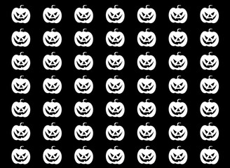 White Halloween pumpkins with scary faces on black background. Illustration