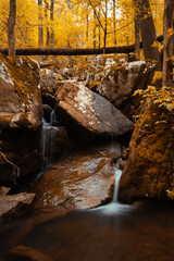 Water cascade flows over large mountain boulders covered with yellow moss in autumn. 