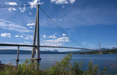 Wonderful landscapes in Norway. Nordland. Beautiful scenery of Halogaland Bridge on the Ofotfjord. It is located in Narvik municipality. Selective focus
