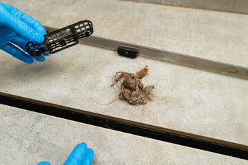 Woman removing hair clump from the shower drain.