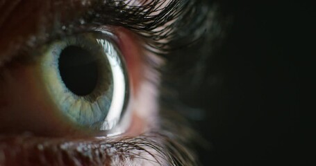Green eye, vision and macro with eyes, blink or extreme sight closeup, open eyelid and dark mockup background. Eyeball eyelash, iris or retina, pupil or cornea zoom of person at optometry examination