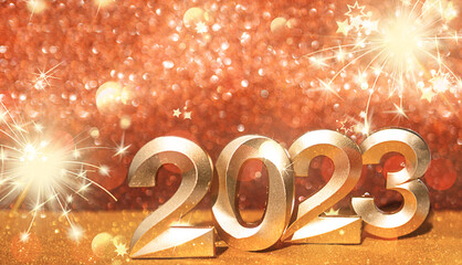 On a defocus background with light bulbs are the golden numbers of the new year 2023. 3d image