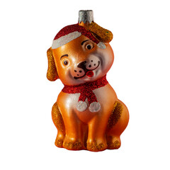 Insulated toy (dog) for the Christmas tree. A Christmas toy in the shape of a cute dog. New Year. Christmas decorative ball isolated on transparent background