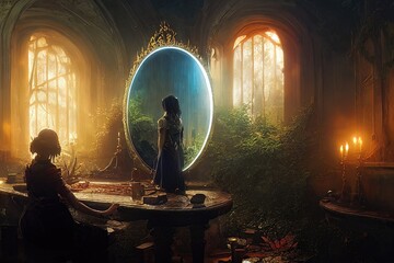 Fototapeta na wymiar Fantasy magical mysterious mirror. 3D illustration
