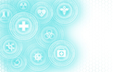 Cyan and white futuristic background with medicine symbols