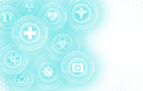 Cyan and white futuristic background with medicine symbols