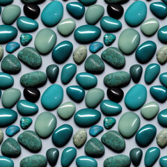 Stone background, polished stones seamless pattern, sea stones, teal green, different shapes, 3d illustration