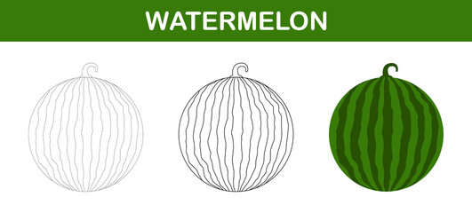 Watermelon tracing and coloring worksheet for kids