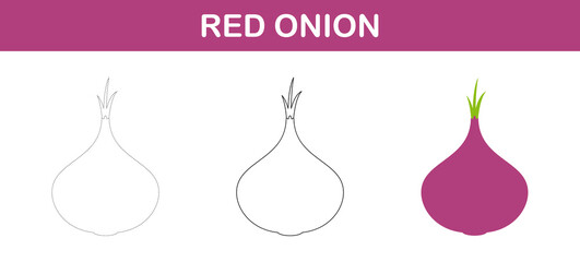 Red Onion tracing and coloring worksheet for kids