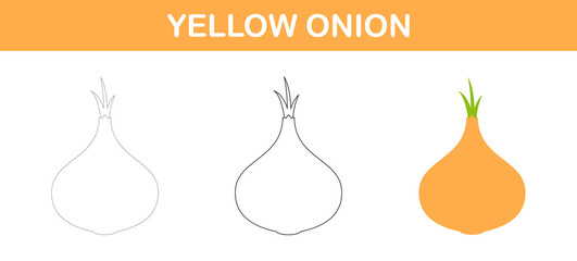 Yellow Onion tracing and coloring worksheet for kids