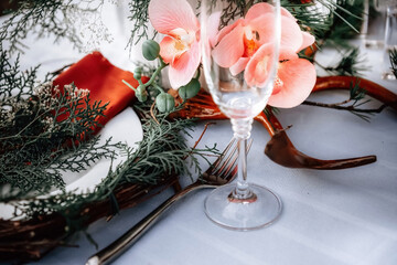 Romantic candlelit dinner in the autumn forest for lovers. High quality photo