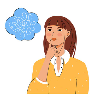 Mental health concept - woman thinking about her problems. A person thinks about his problems, confused thoughts. Vector illustration in flat style, person thinking about something