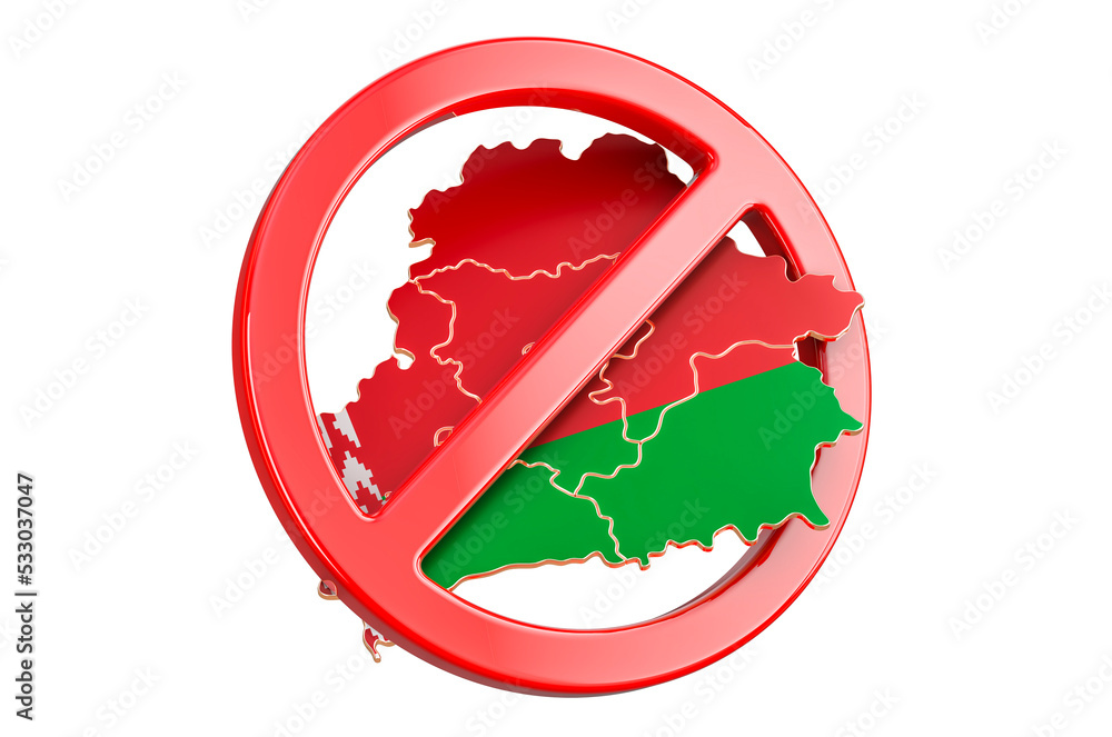 Poster belarusian map with forbidden sign, 3d rendering